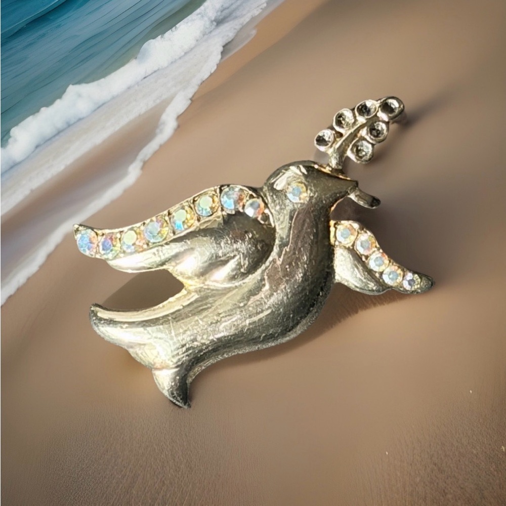 Vintage Gold Tone Peace Dove Brooch AB Rhinestone Bird Pin Olive Branch 1.5 inch